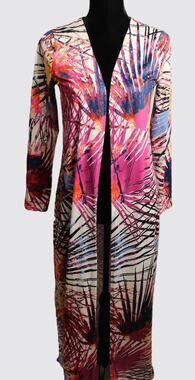 Women's Long Kimono/ Duster Size M Abstract Palm Print Pink Multicolor Unbranded